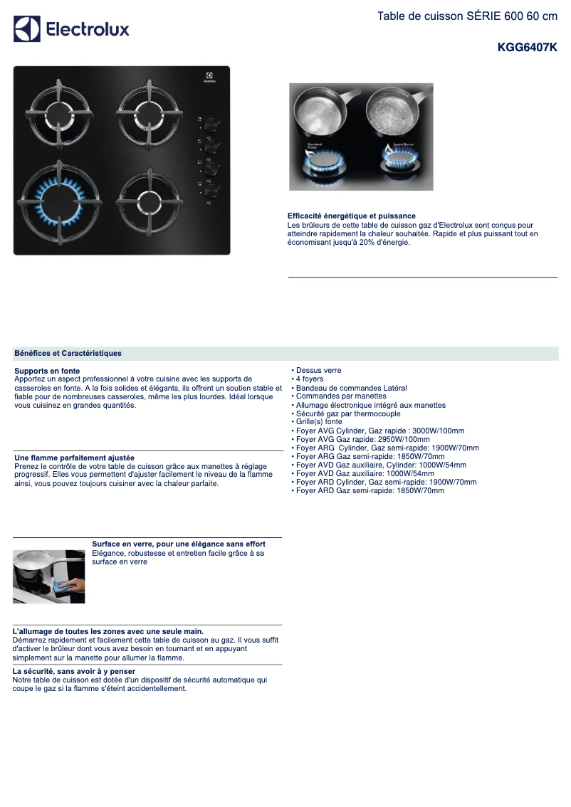 Page 1 de la notice Fiche technique Electrolux KGG6407K