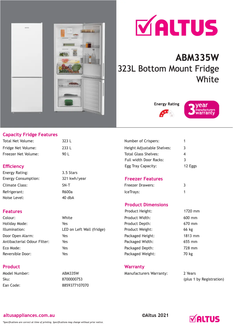 Page n°1 - Fiche technique Altus ABM335W