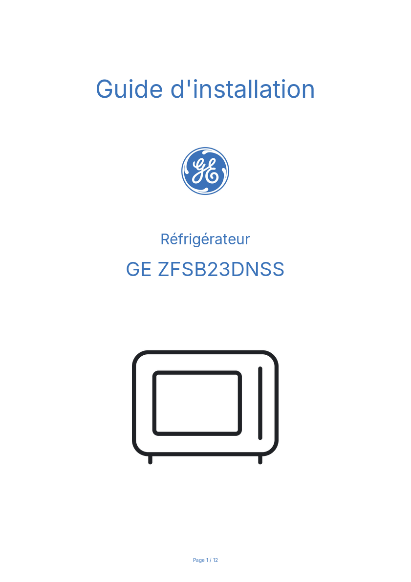 Page n°1 - Guide d'installation GE ZFSB23DNSS