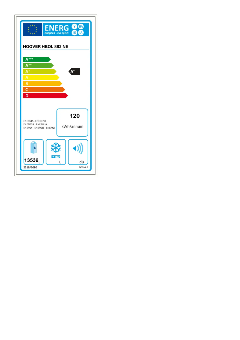 Page n°1 - Label énergétique Hoover HBOL 882 NE