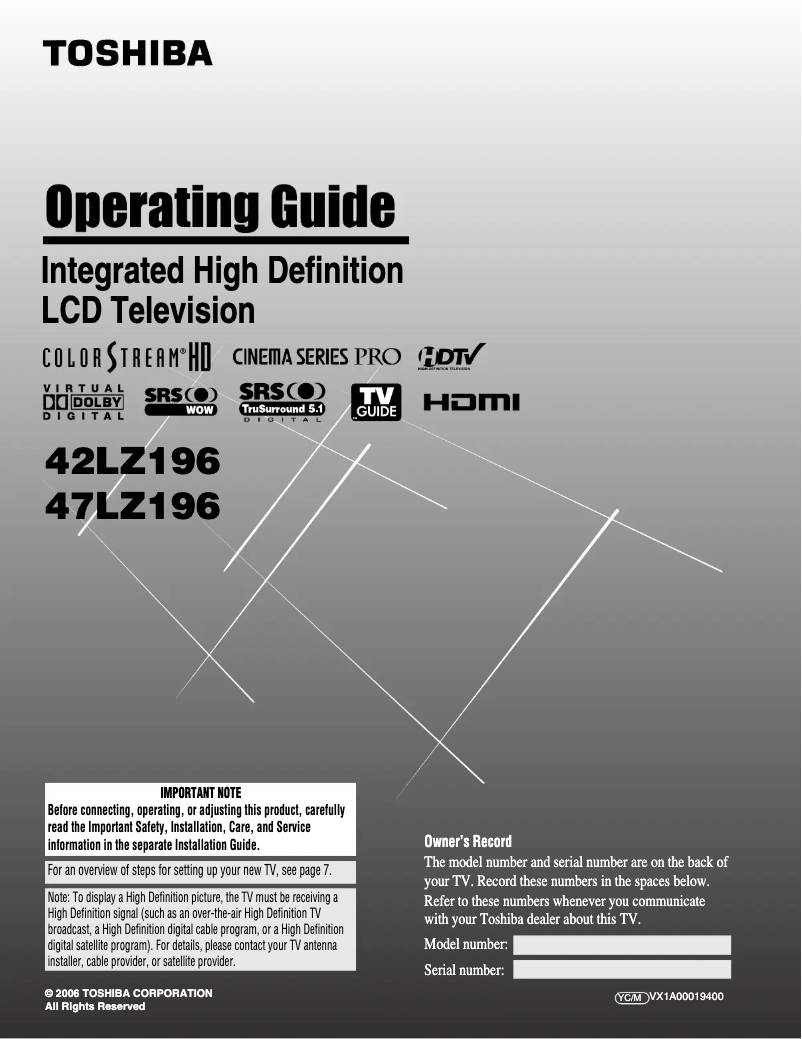 Page 1 de la notice Manuel utilisateur Toshiba Regza 47LZ196