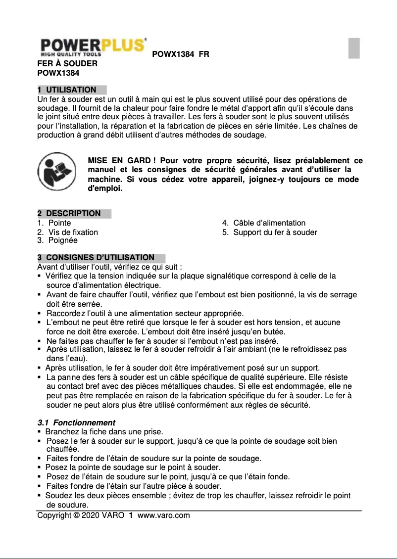 Image de la première page du manuel de l'appareil POWX1384