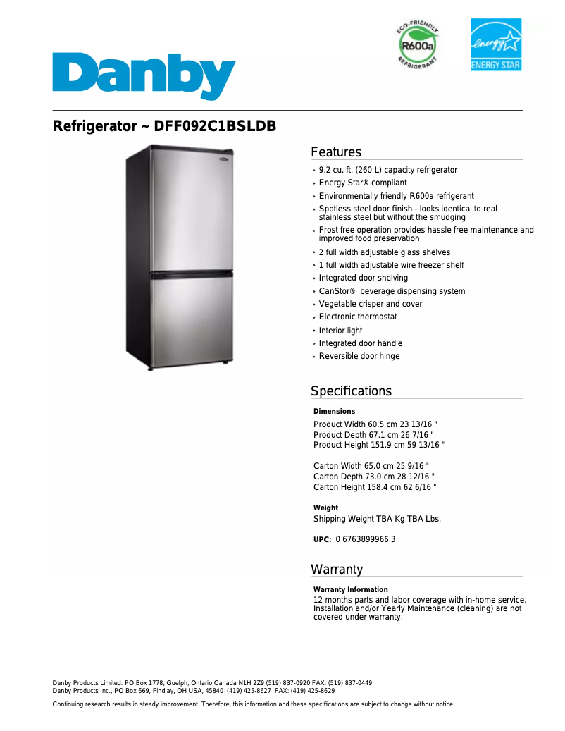 Página 1 del manual Ficha técnica Danby DFF092C1BSLDB