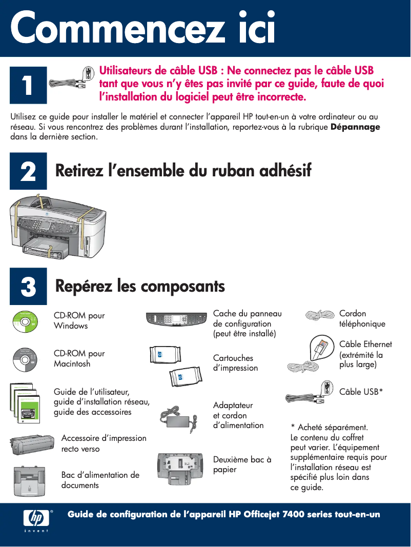 Page 1 de la notice Guide d'installation HP Officejet 7300