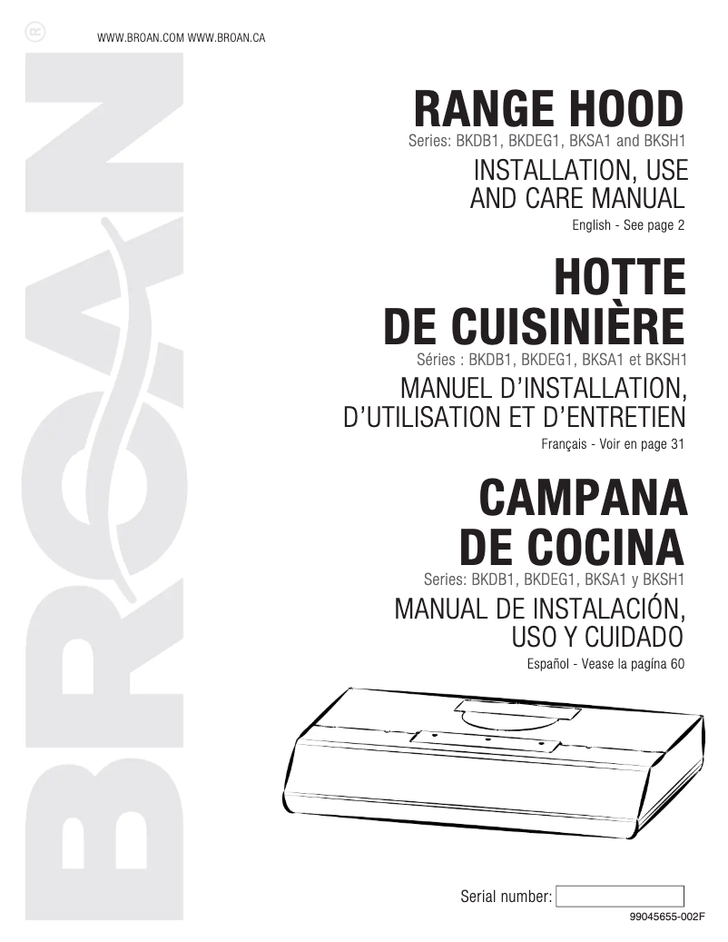 Page n°1 - Manuel utilisateur Broan BKDB130BL