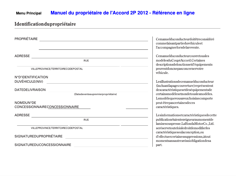 Page 1 de la notice Manuel utilisateur Honda Accord Coupe (2012)