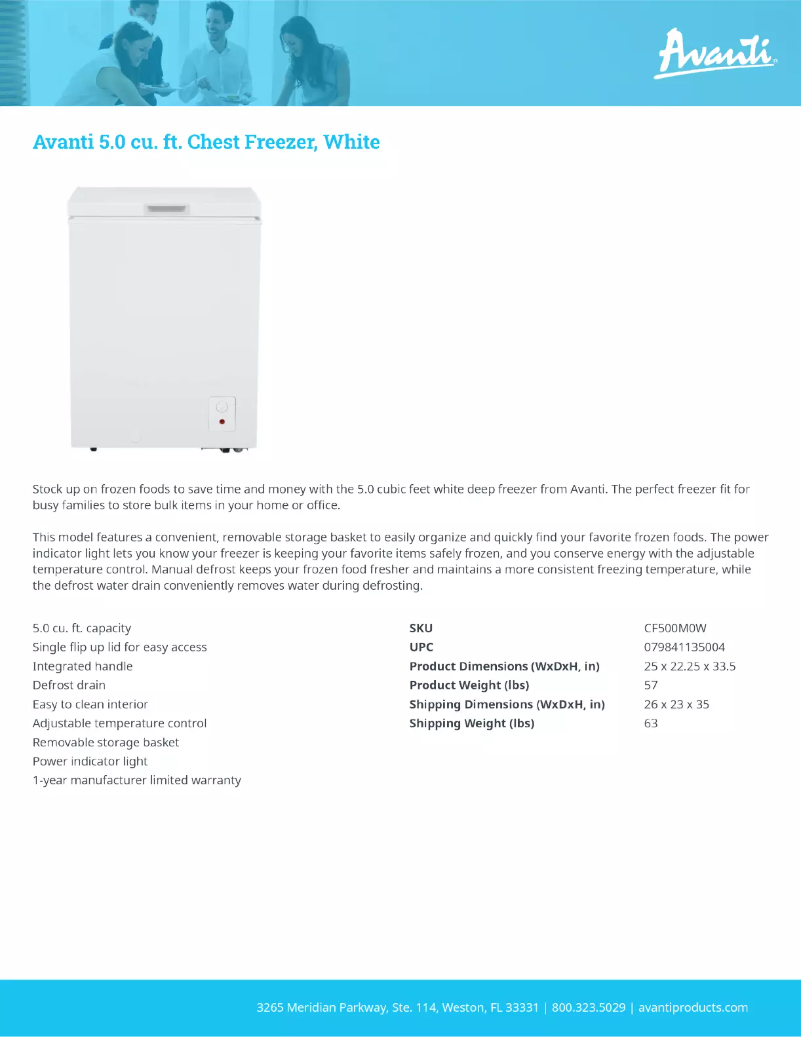 Page 1 de la notice Fiche technique Avanti CF500M0W-IS