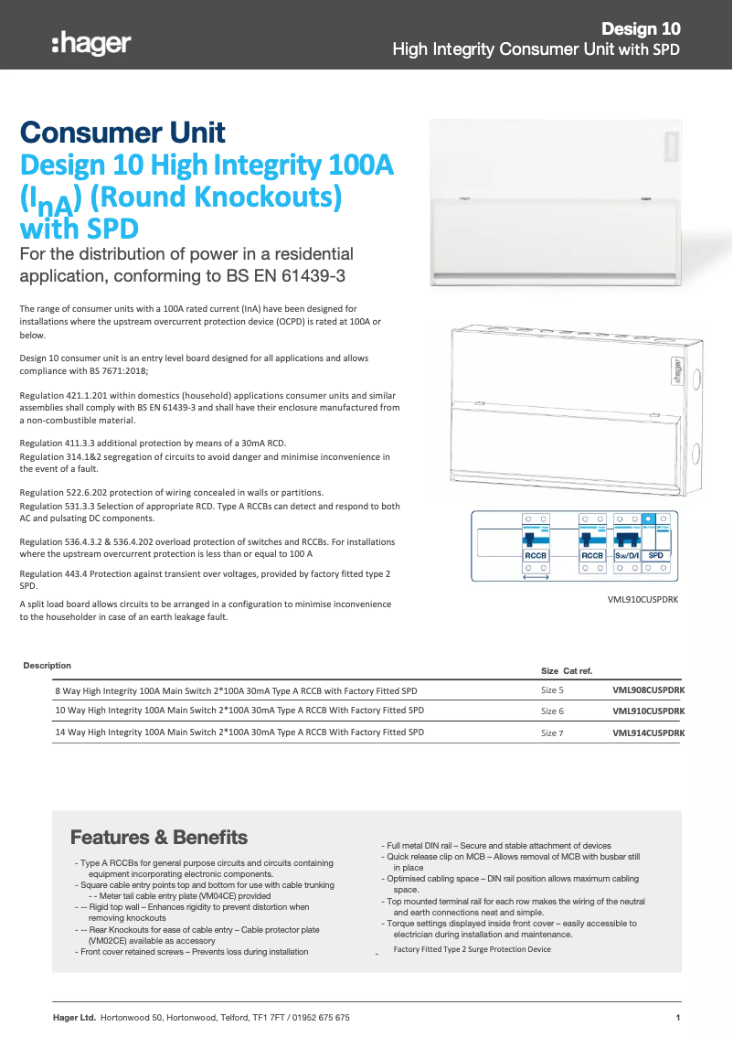 Page n°1 - Fiche technique Hager VML908CUSPDRK
