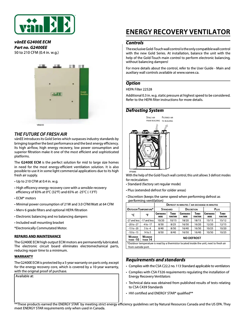 Page 1 de la notice Fiche technique vänEE G2400EE