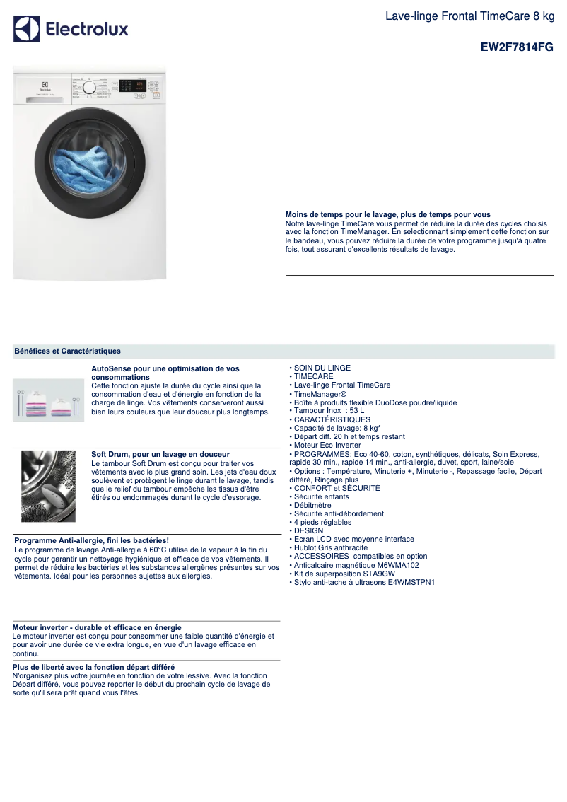 Page 1 de la notice Fiche technique Electrolux EW2F7814FG