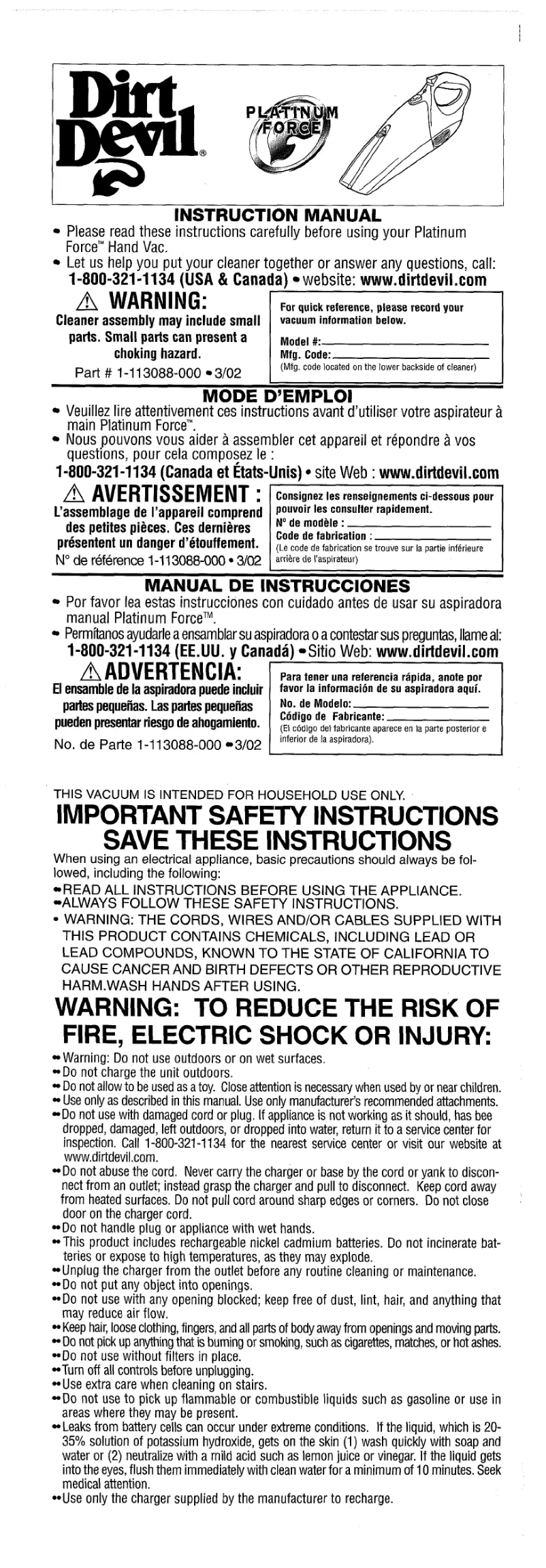 Page n°1 - Manuel utilisateur Dirt Devil Quick Power M0896