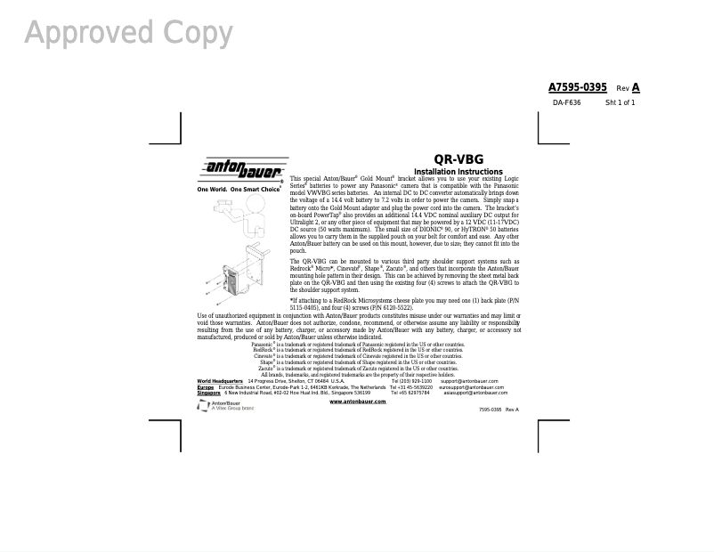 Page 1 de la notice Manuel utilisateur Anton/Bauer QRC-CA940