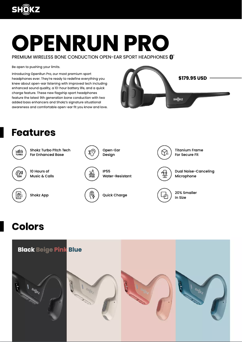 Page 1 de la notice Fiche technique Shokz OpenRun PRO