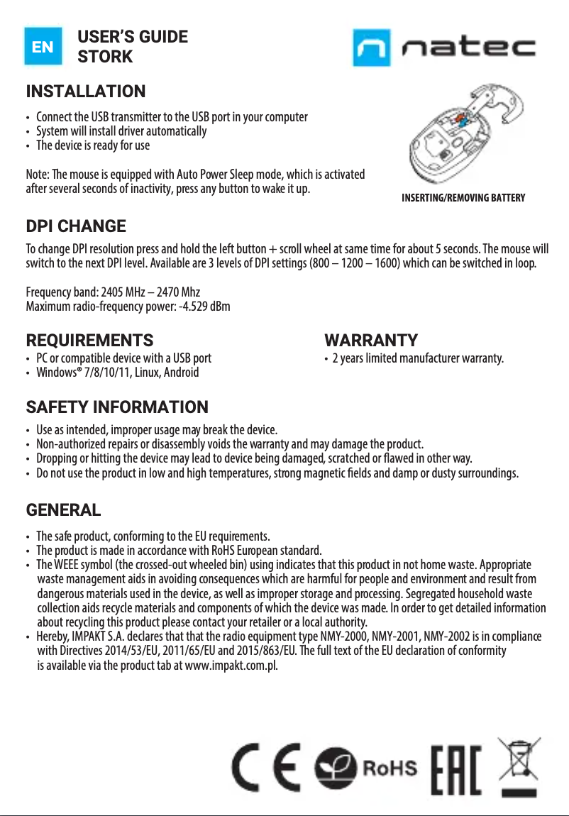 Page 1 de la notice Manuel utilisateur Natec Stork