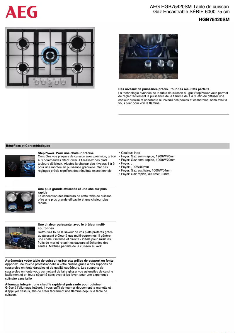 Page 1 de la notice Fiche technique AEG HGB75420SM