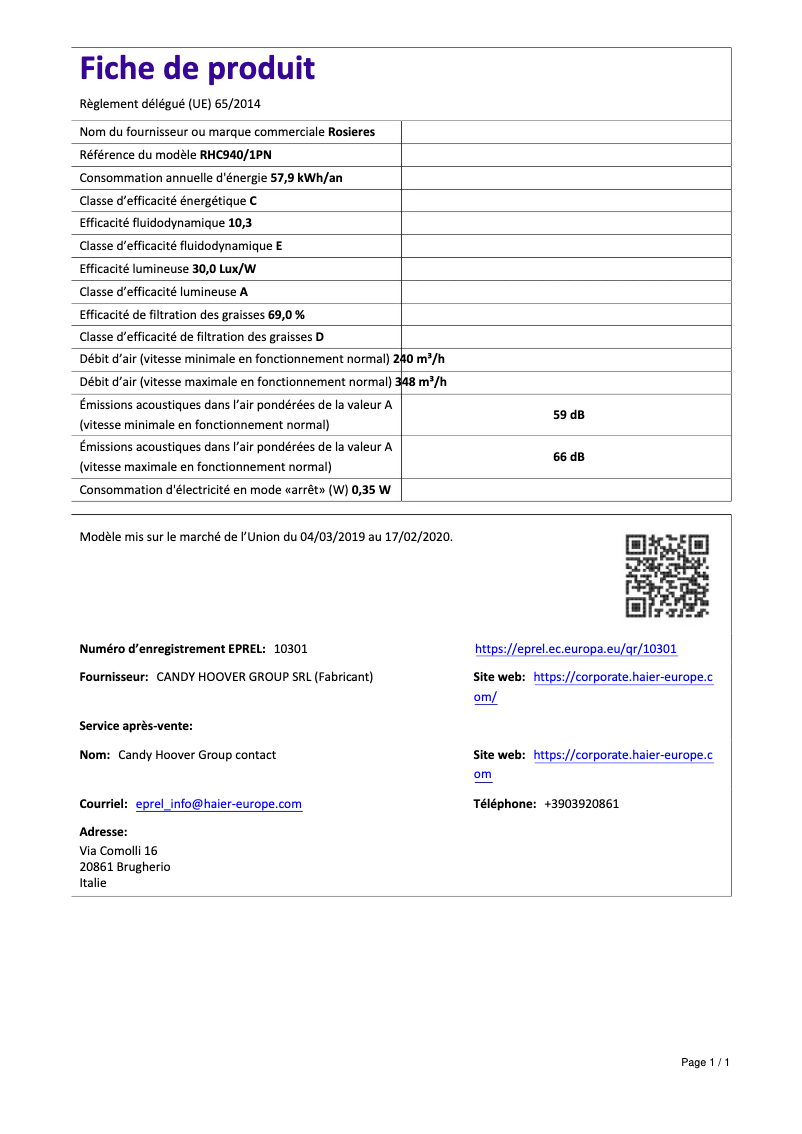 Page n°1 - Fiche technique Rosieres RHC 940/1 PN