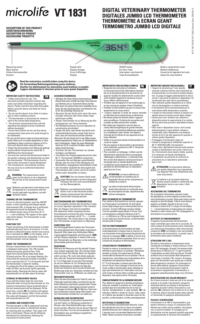 Page 1 de la notice Manuel utilisateur Microlife VT 1831