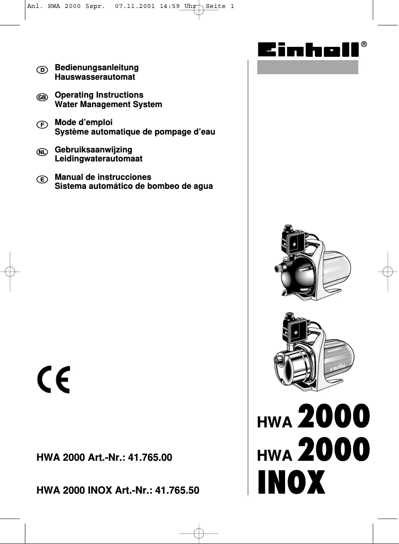 Page n°1 - Manuel utilisateur Einhell HWA 2000 INOX