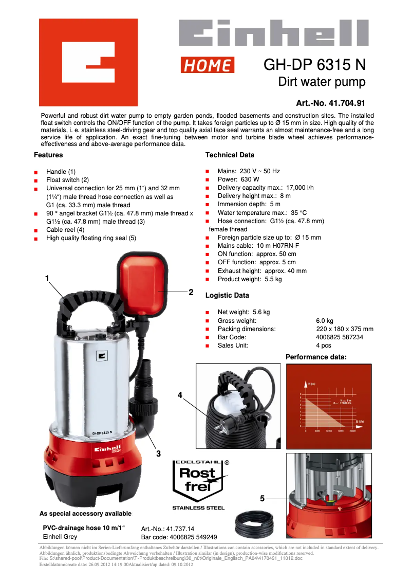 Page n°1 - Fiche technique Einhell GH-DP 6315 N