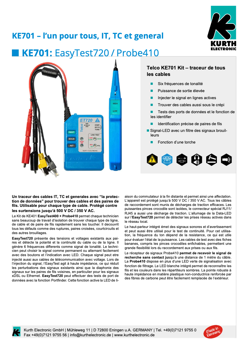 Page 1 de la notice Fiche technique Kurth Electronic KE701