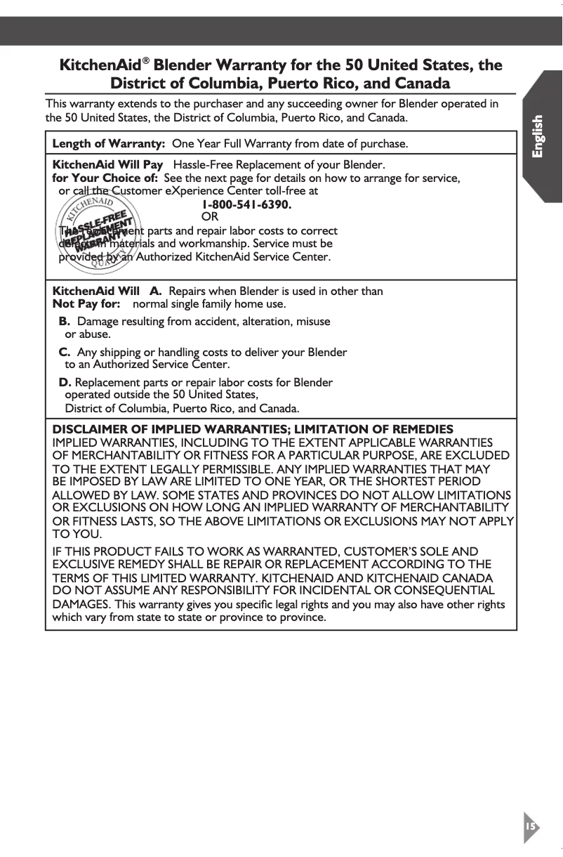 Page 1 de la notice Informations de garantie KitchenAid KSB1570WH