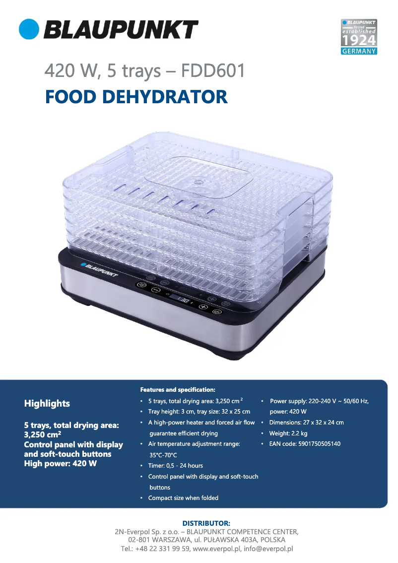Page 1 de la notice Fiche technique Blaupunkt FDD601