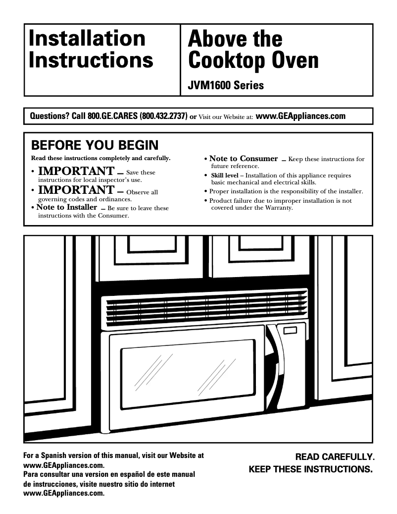 Page 1 de la notice Guide d'installation GE JVM1630BH