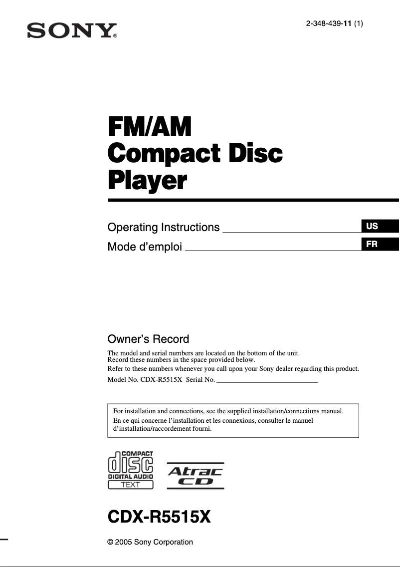 Page 1 de la notice Manuel utilisateur Sony CDX-R5515X