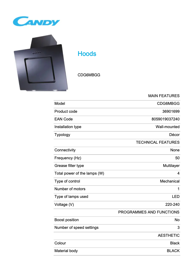 Page 1 de la notice Fiche technique Candy CDG6MBGG