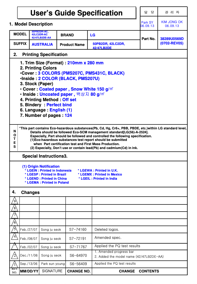 Page n°1 - Manuel utilisateur LG 42LB2DE