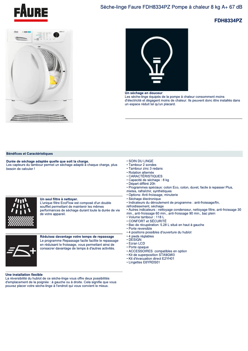 Page n°1 - Fiche technique Faure FDH8334PZ