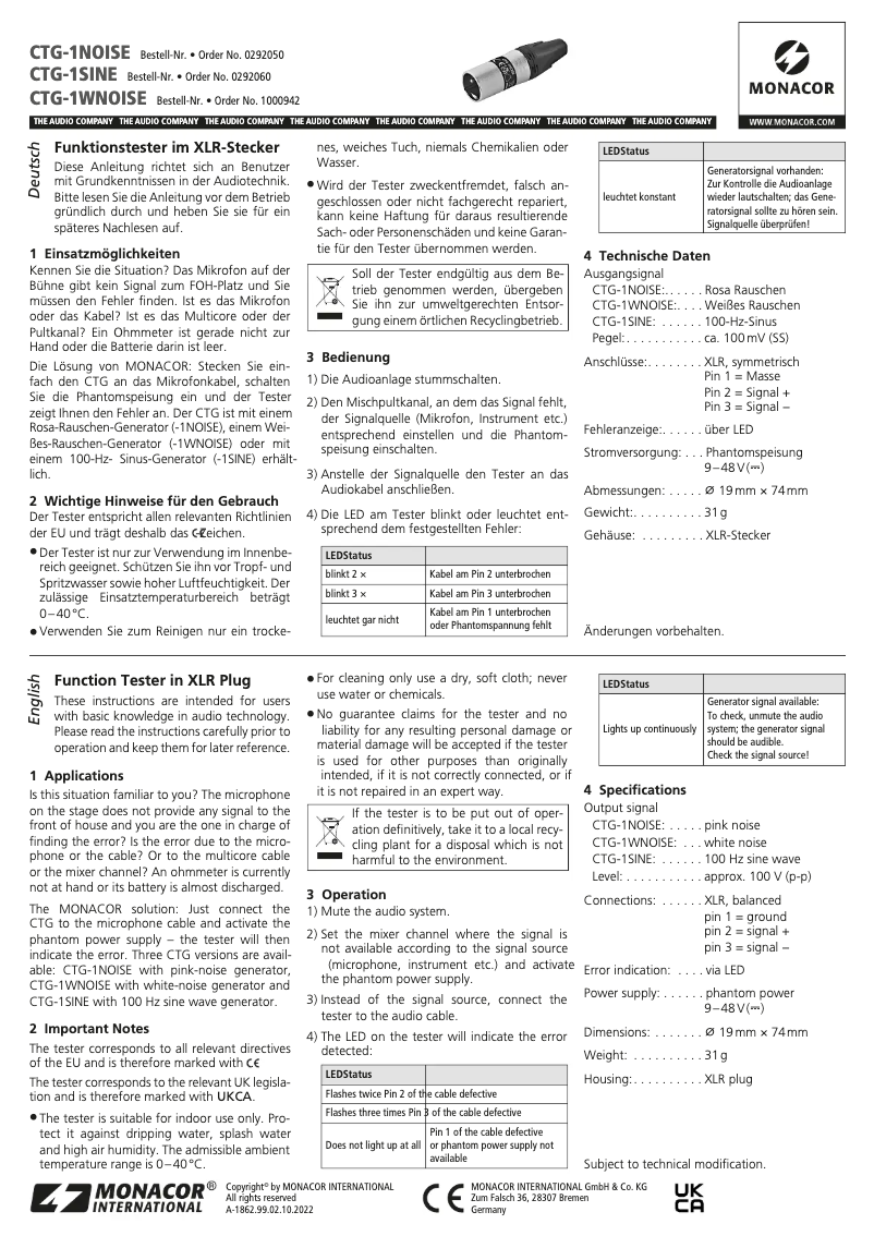 Page 1 de la notice Manuel utilisateur Monacor CTG-1Noise