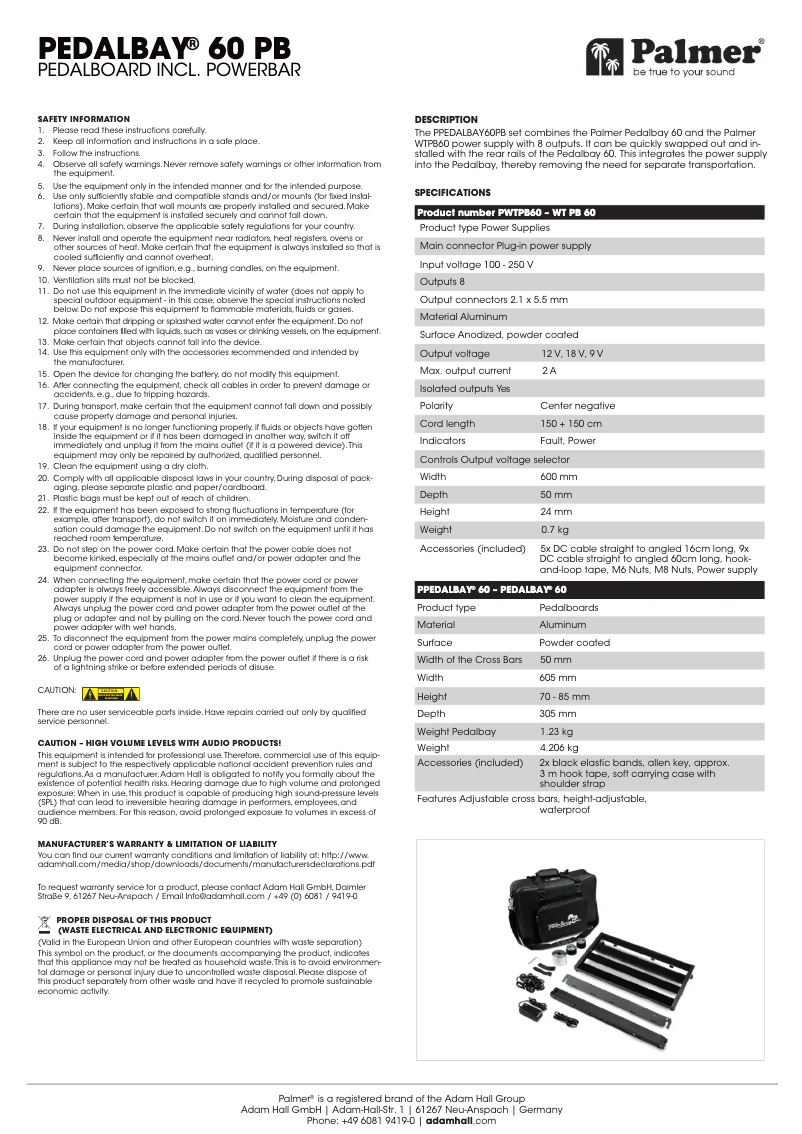 Page 1 de la notice Manuel utilisateur Palmer PedalBay 60