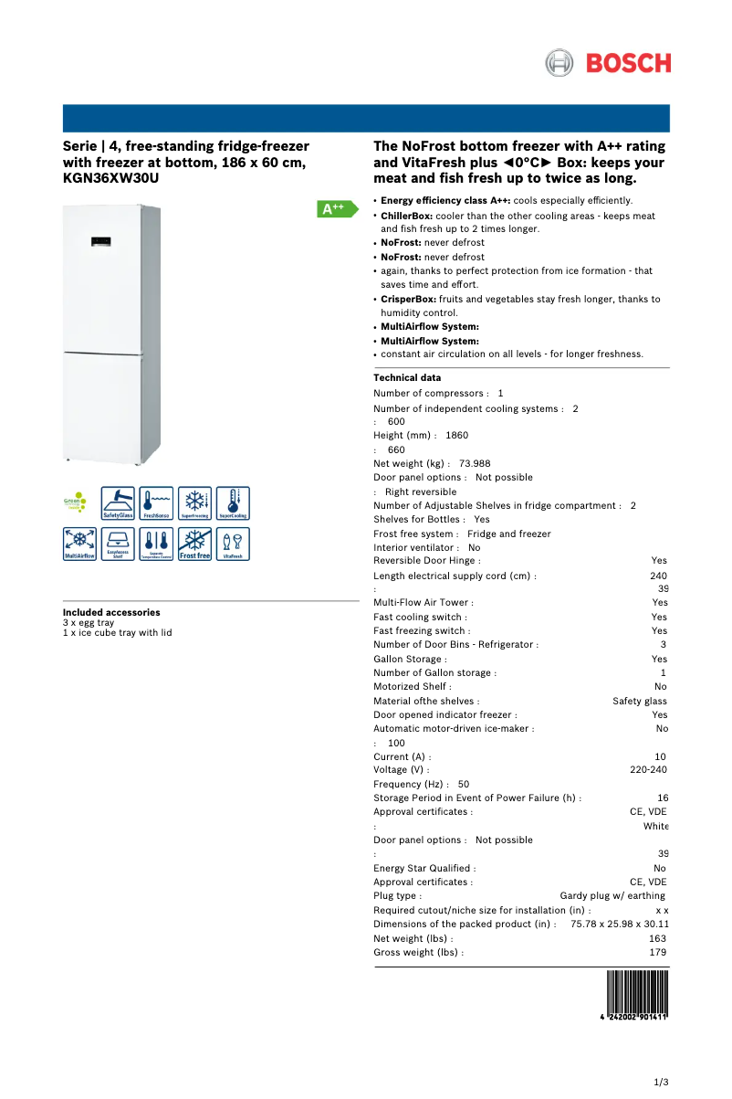 Page n°1 - Fiche technique Bosch KGN36XW30U