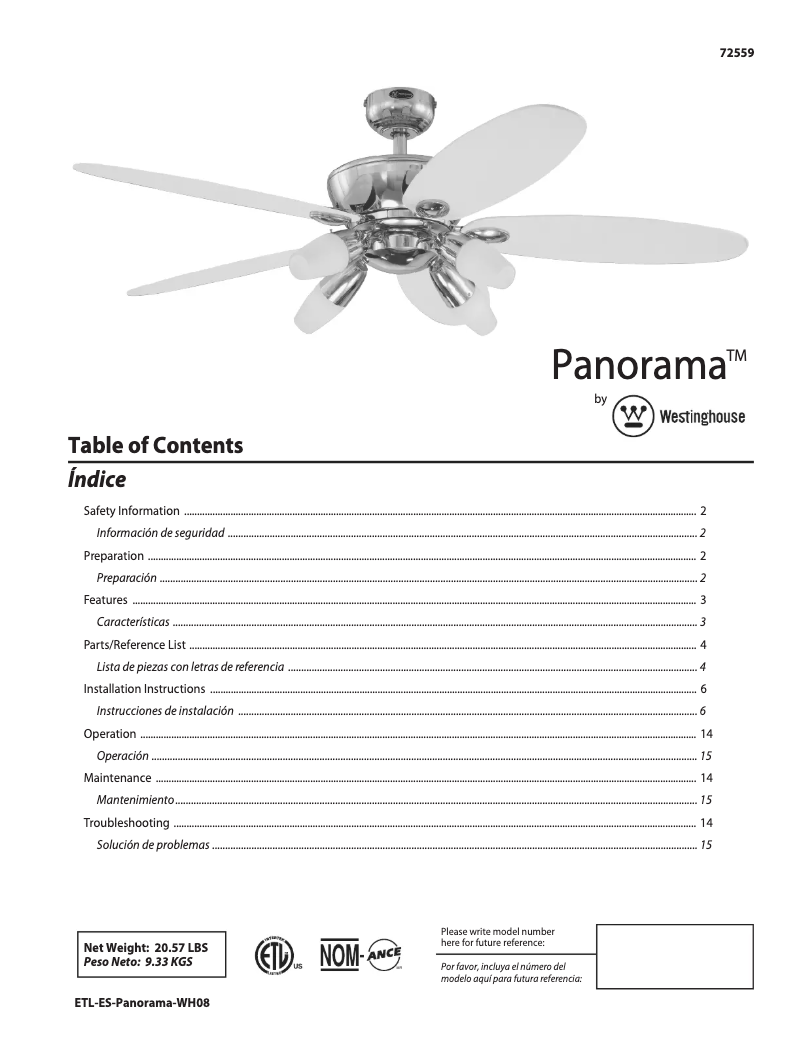 Page 1 of the manual User Manual Westinghouse Panorama
