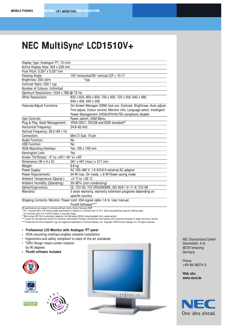 Image de la première page du manuel de l'appareil MultiSync LCD1510V+