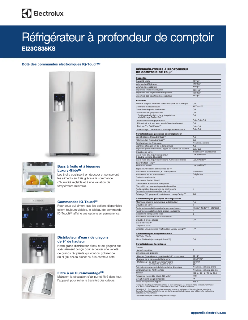 Page 1 de la notice Fiche technique Electrolux EI23CS35KS
