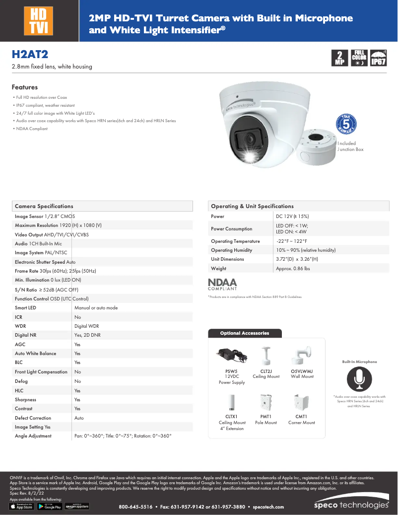 Page 1 de la notice Fiche technique Speco Technologies H2AT2