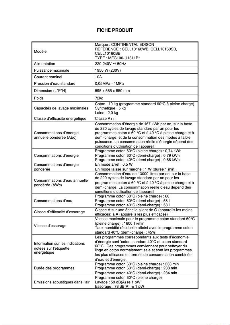 Page 1 de la notice Label énergétique Continental Edison CELL10160SB