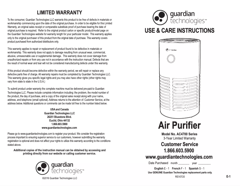 Page 1 de la notice Manuel utilisateur GermGuardian AC4711