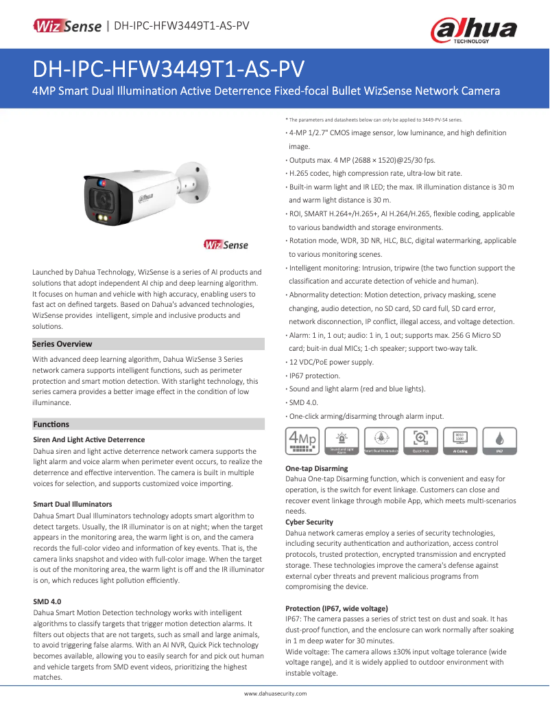 Page 1 de la notice Fiche technique Dahua Technology IPC-HFW3449T1-AS-PV