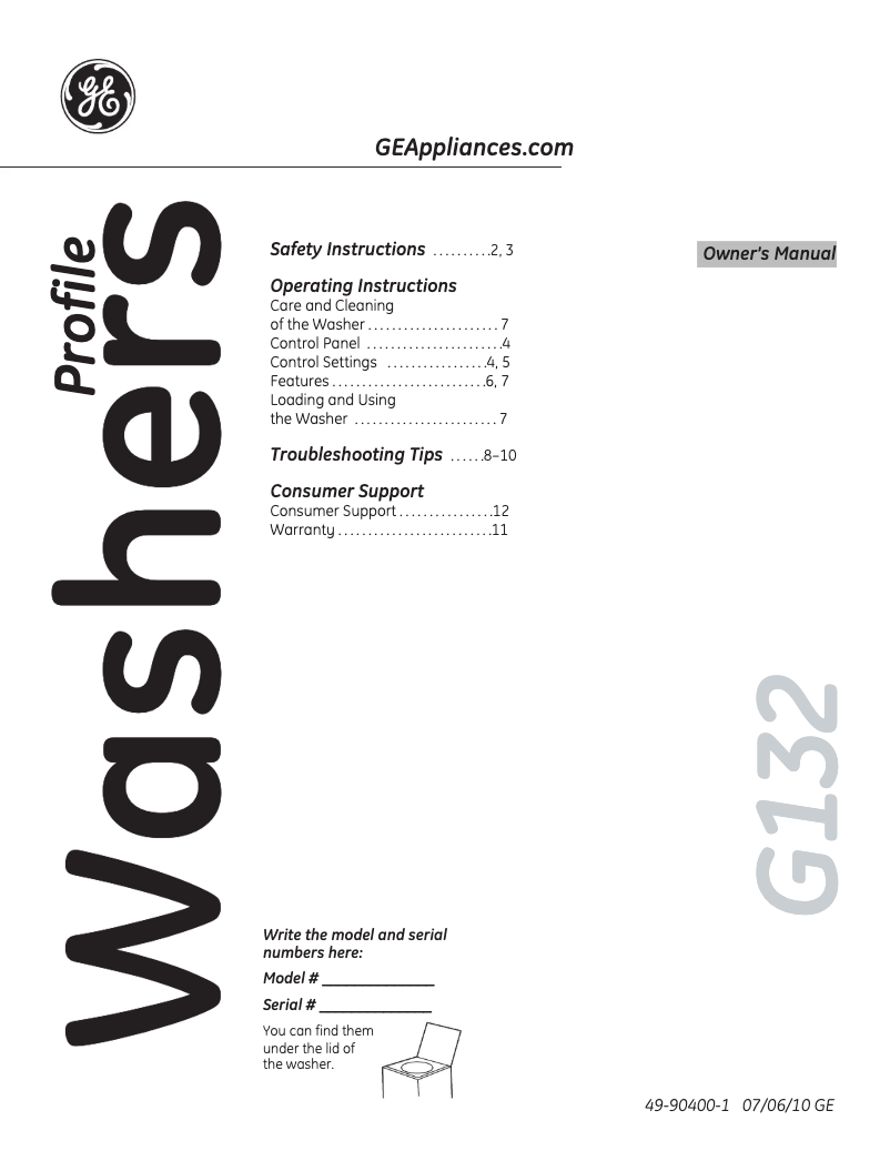 Page n°1 - Manuel utilisateur GE PTWN6050MWT