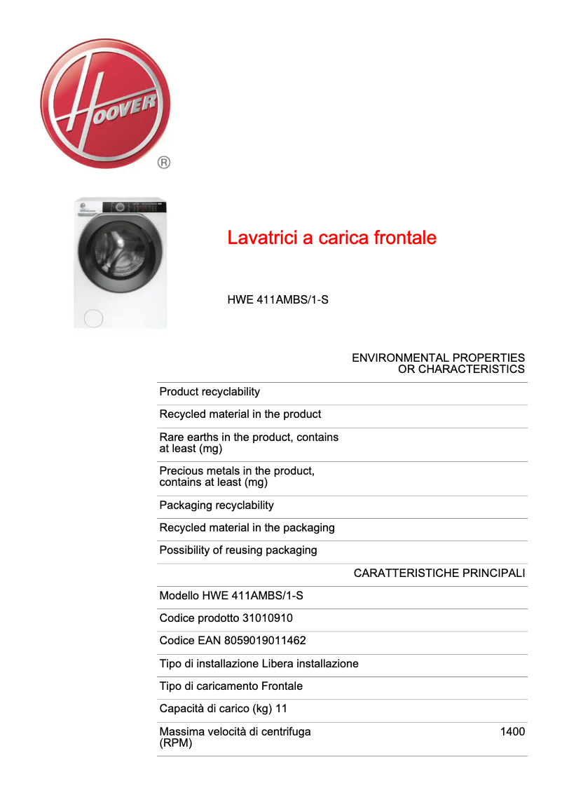 Page n°1 - Fiche technique Hoover H-WASH 500 HWE 411AMBS/1-S