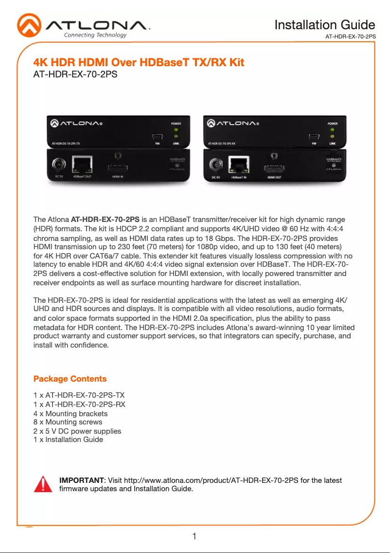 Page 1 de la notice Mode d'emploi Atlona AT-HDR-EX-70-2PS