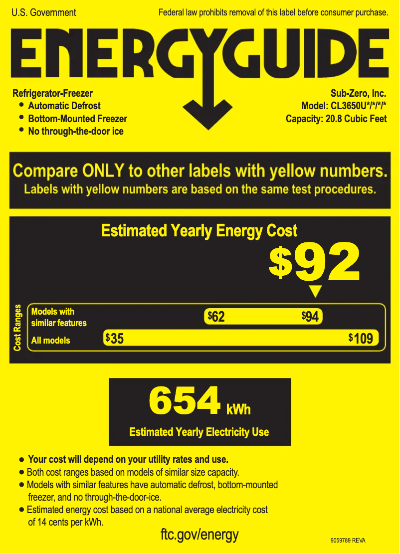Page 1 de la notice Label énergétique Sub-Zero CL3650UIO