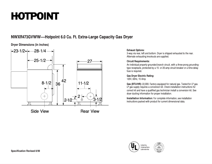 Page n°1 - Fiche technique Hotpoint NWXR473GVWW