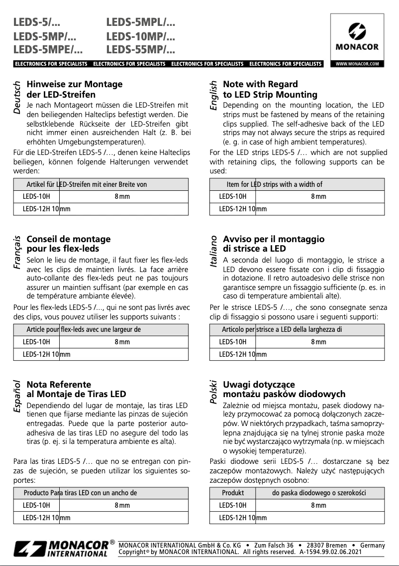 Page 1 de la notice Manuel utilisateur Monacor LEDS-10MP/WS