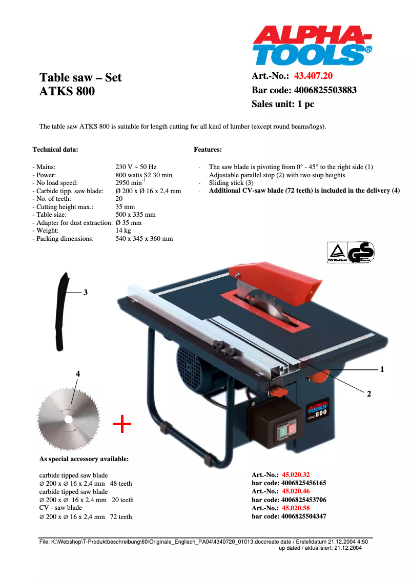Page 1 de la notice Fiche technique Alpha Tools ATKS 800
