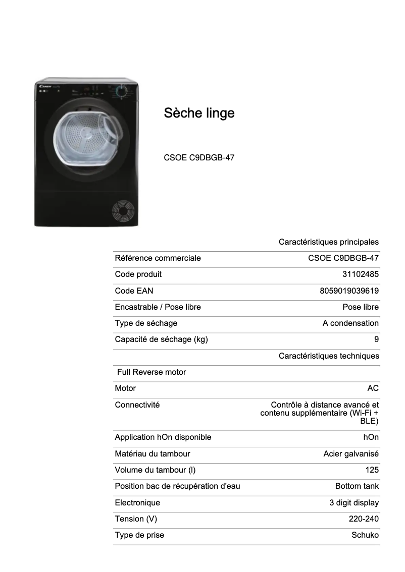 Page n°1 - Fiche technique Candy CSOE C9DBGB-47