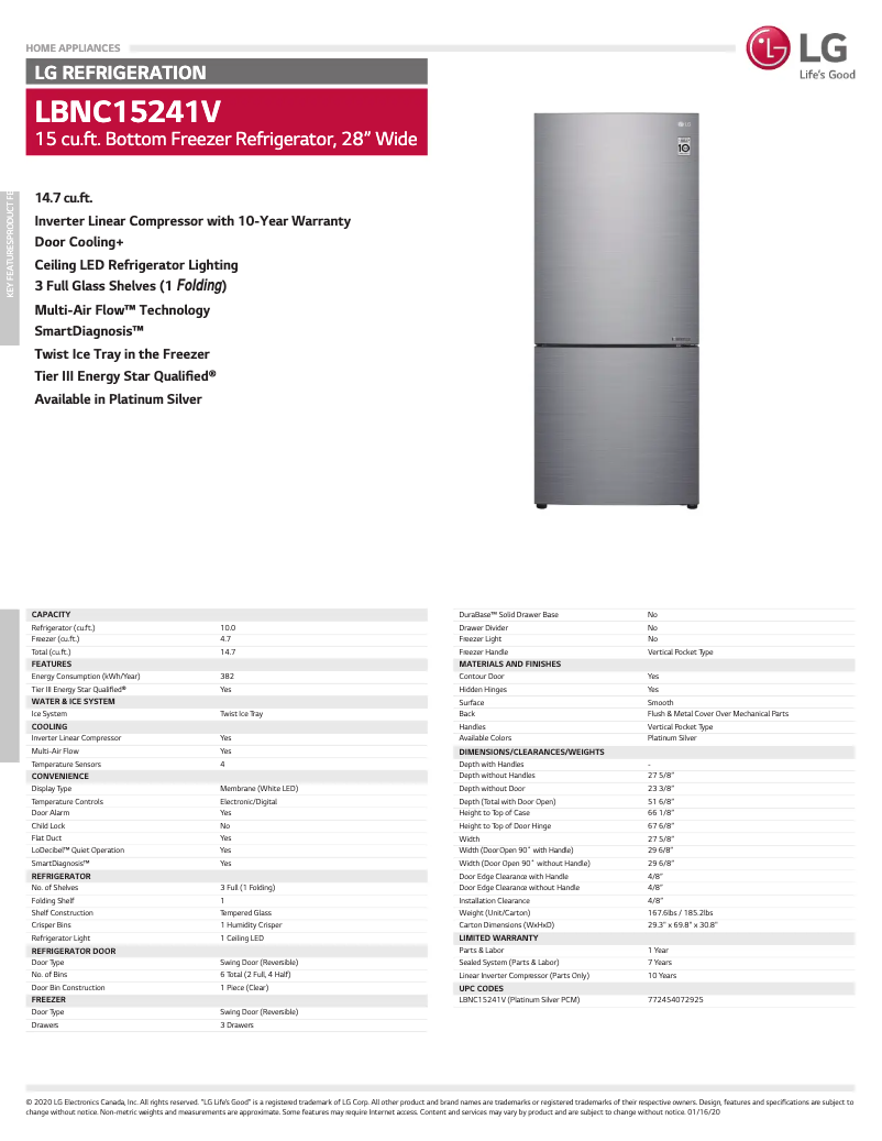 Page 1 de la notice Fiche technique LG LBNC15241V